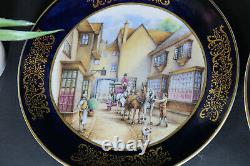 Vintage set 3 Limoges hand paint plate porcelain horse carriage scenes