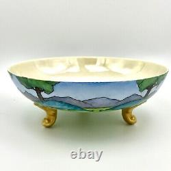 Vntg JPLimoges France Porcelain Footed Bowl Handpainted Peacock Landscape Unique