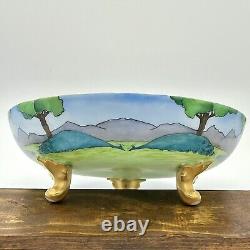 Vntg JPLimoges France Porcelain Footed Bowl Handpainted Peacock Landscape Unique