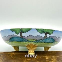 Vntg JPLimoges France Porcelain Footed Bowl Handpainted Peacock Landscape Unique