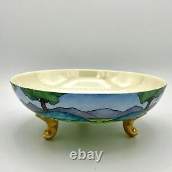 Vntg JPLimoges France Porcelain Footed Bowl Handpainted Peacock Landscape Unique