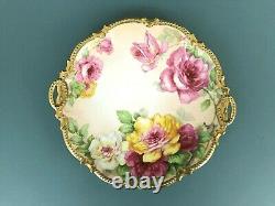 Vtg Coronet Limoges France Yellow Roses Cake Plate Handle Gold Trim Artist Sign