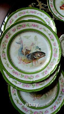 Vtg. Limoges Bassett Fish platter &11 Plates hand painted Art 20x8.5 & 8.5
