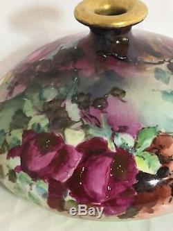 Vtg Limoges Large Squat Vase Hand Painted Burgundy Wine Roses Elite France Bawo