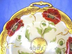 WA Pickard France Limoges Leach Plate withHandles Hand Painted Red Flowers & Gold