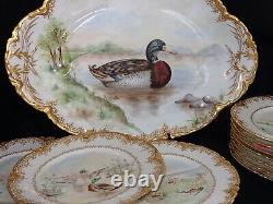 1880 Haviland Limoges Porcelaine Peinte À La Main Jeu Sauvage D'oiseaux Artiste Brun