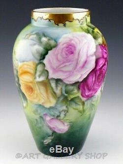 1909 Antiquité D & C Limoges France Roses Handpainted Fleurs 9 Vase Artiste Signé