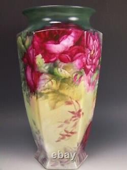 1917 Limoges Roses Peintes À La Main Hexagon 11.5 Vase