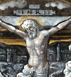 19ème Siècle Miniature Peinte À La Main En Émail Sur Le Carreau Jésus-christ Sur La Croix Limoges