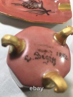 (29 Pièces) 1951-58 D&c France'pink & Pinecones Peint À La Main/signé Dessert Set