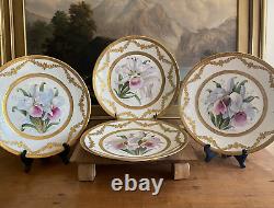 (4) Assiettes de cabinet BERNARDAUD LIMOGES en or incrusté avec des orchidées signées Schopp