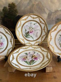 (4) Assiettes de cabinet BERNARDAUD LIMOGES en or incrusté avec des orchidées signées Schopp