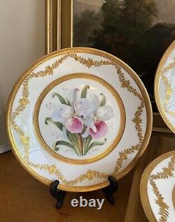 (4) Assiettes de cabinet BERNARDAUD LIMOGES en or incrusté avec des orchidées signées Schopp