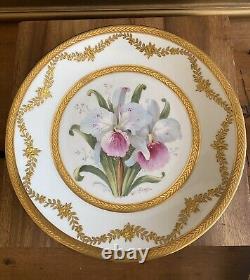 (4) Assiettes de cabinet BERNARDAUD LIMOGES en or incrusté avec des orchidées signées Schopp