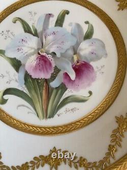 (4) Assiettes de cabinet BERNARDAUD LIMOGES en or incrusté avec des orchidées signées Schopp