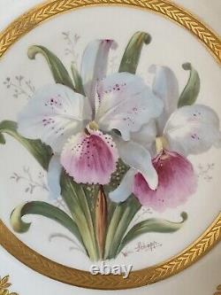 (4) Assiettes de cabinet BERNARDAUD LIMOGES en or incrusté avec des orchidées signées Schopp