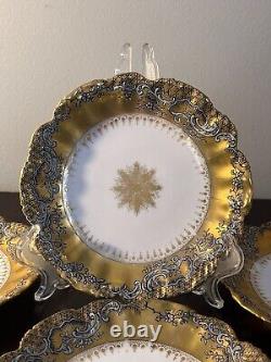 6 Assiettes LS&S Limoges France 6 Peintes à la Main Motif en Spirale Dorure en Or Lourd Burst Starburst