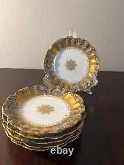 6 Assiettes LS&S Limoges France 6 Peintes à la Main Motif en Spirale Dorure en Or Lourd Burst Starburst