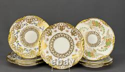 7 Assiettes à salade / dessert dorées de 7 1/2 pouces peintes à la main de la marque JPL Pouyat Limoges vers 1908