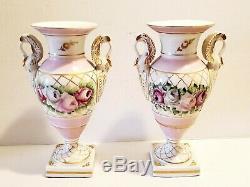 9 Porcelaine De Limoges Urne Vase Lampe Peinte À La Main Rose Roses Swan Poignées Or Tri