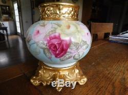 Ancien Vase & Stand Jpl Jean Pouyat Limoges Peint A La Main-roses Or Dore-france