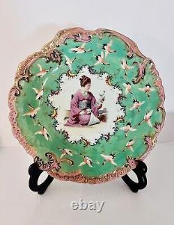 Ancienne Limoges France Porcelaine Portrait Peint À La Main Geisha Avec Plaque D'oiseaux