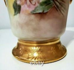 Ancienne Peinture À La Main Bavière Autriche 8.25 Vase Fleurs Et Or