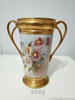 Ancienne Peinture À La Main Bavière Autriche 8.25 Vase Fleurs Et Or