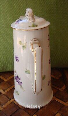 Ancienne théière en porcelaine de Limoges T&V peinte à la main, violette & dorée 9 1/2