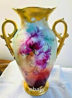 Antique Art Nouveau Peint À La Main 13 Or Vase Illustrateurs Pivoines Floral