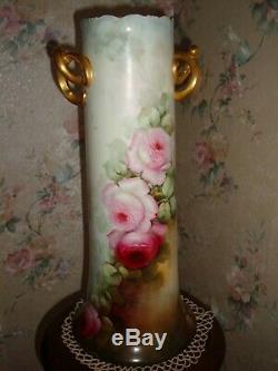 Antique Bavière Vase Peint À La Main, Roses & Gold, Very Large 16 3/4