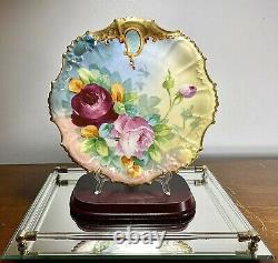Antique C1890 B & H Limoges France Plaque Cabinet Peinte À La Main Roses Lourd Gilt 9