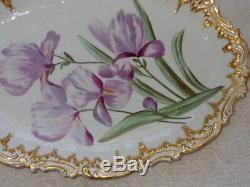 Antique Coiffe Porcelaine De Limoges Grande Double Or Platter Iris Peint À La Main