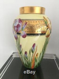 Antique D Co Limoges Peinte À La Main Vase Iris Fleurs Gilt Rim Illustrateurs 11