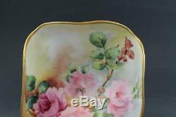 Antique Français Porcelaine De Limoges Compote Bol Sur Pieds Roses Sauvages Peints À La Main