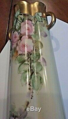 Antique Français Porcelaine De Limoges Peinte À La Main Gratin Roses & Or Gilt Vase