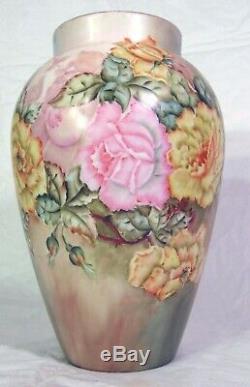 Antique Français Porcelaine De Limoges Peinte En Rose Jaune À La Main Fleurs Vase 12