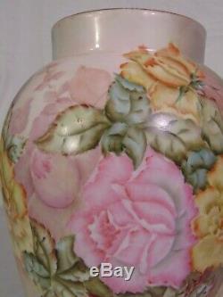 Antique Français Porcelaine De Limoges Peinte En Rose Jaune À La Main Fleurs Vase 12