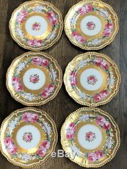 Antique Hammersley Angleterre Handpainted Set 6 Plaques Rose Roses Heavy Doré