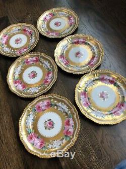 Antique Hammersley Angleterre Handpainted Set 6 Plaques Rose Roses Heavy Doré