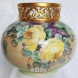 Antique J. P. L. Limoges France Peint À La Main Roses Vase D'or Incrustées Superbe