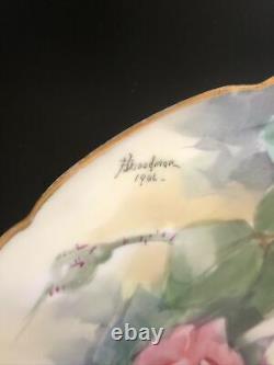 Antique Jpl France Plate Peinte À La Main Signée F. Woodman 1906 Cabbage Roses Withgold