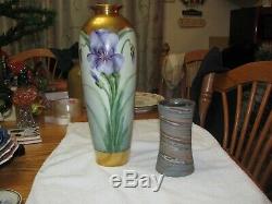 Antique Limoges 12 1/2 Art Accents Peint À La Main D'or Nouveau Floral Iris Vase