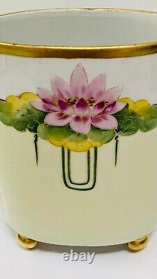 Antique Limoges 1900-1932 France Vase Cachepot Floral au Lotus Peint à la Main sur 2 Côtés
