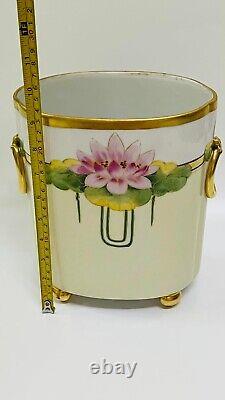 Antique Limoges 1900-1932 France Vase Cachepot Floral au Lotus Peint à la Main sur 2 Côtés