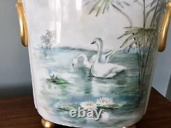 Antique Limoges Cache Pot Vase Grues Blanches William Guerin France Peint À La Main
