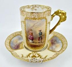 Antique Limoges Chocolat Cup & Saucer, Scénique, Peint À La Main