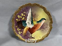 Antique Limoges Coronet Plaque Peinte À La Main Oiseau 10 Signé Puvis