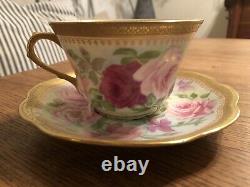Antique Limoges Coronet Tea Cup & Soucoupe Avec Roses Peintes À La Main Rose Et Garniture D’or