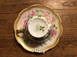 Antique Limoges Coronet Tea Cup & Soucoupe Avec Roses Peintes À La Main Rose Et Garniture D’or